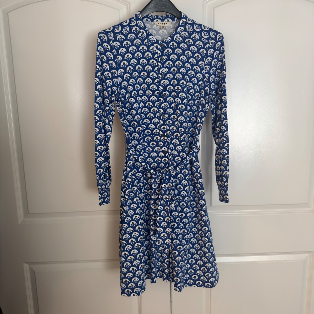 Boden Blue White Fan Print Shirt Dress Petite US 8P Long Sleeve Belted A-Line